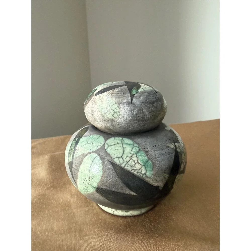 Lynn Dee Studio Pottery Raku Lidded Jar Green Grey Abstract Leaf Signed Art Ware